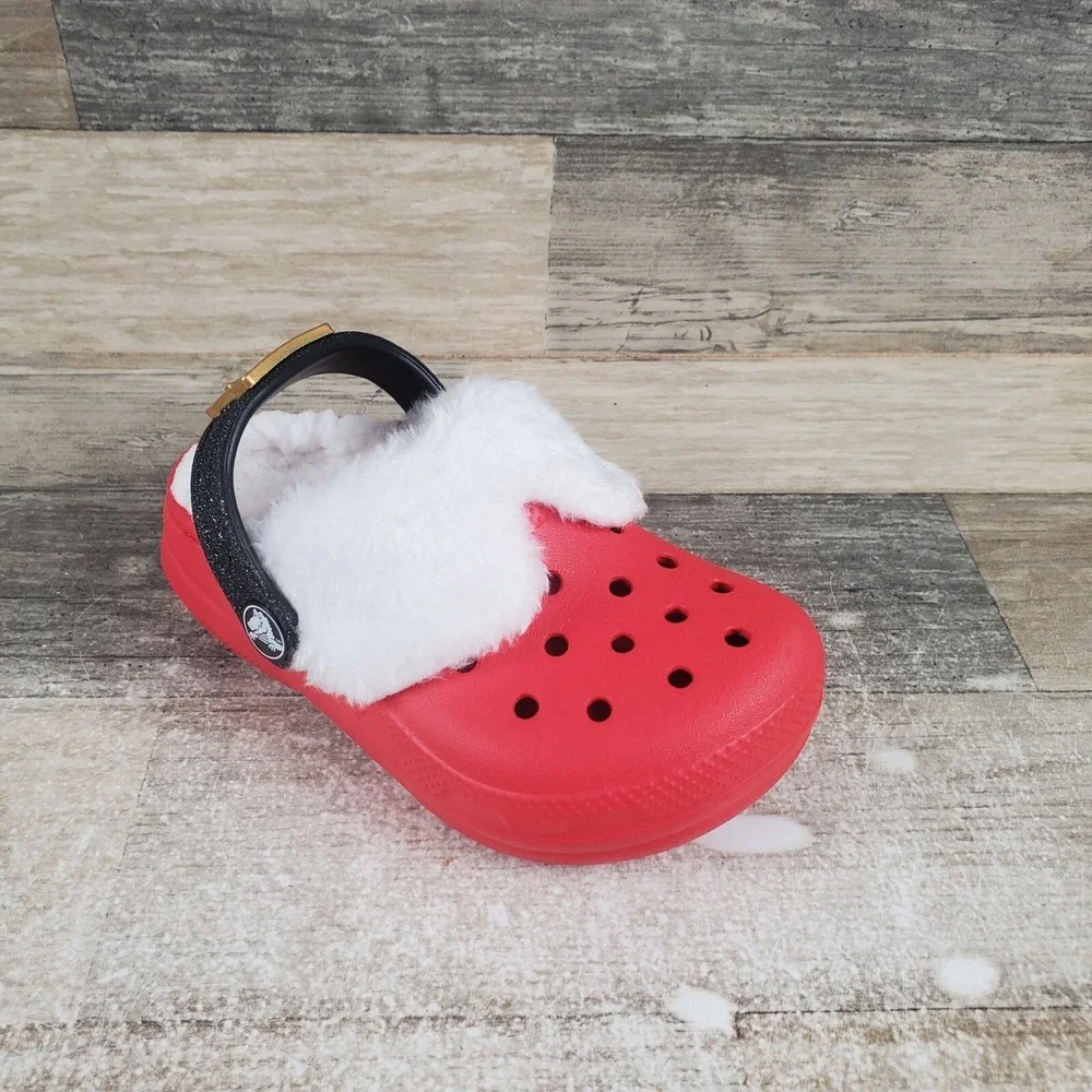 Crocs Classic Lined Santa Kids Clogs Sz 8 C8 Red Rubber Slip-On Slingback‎ Shoes
